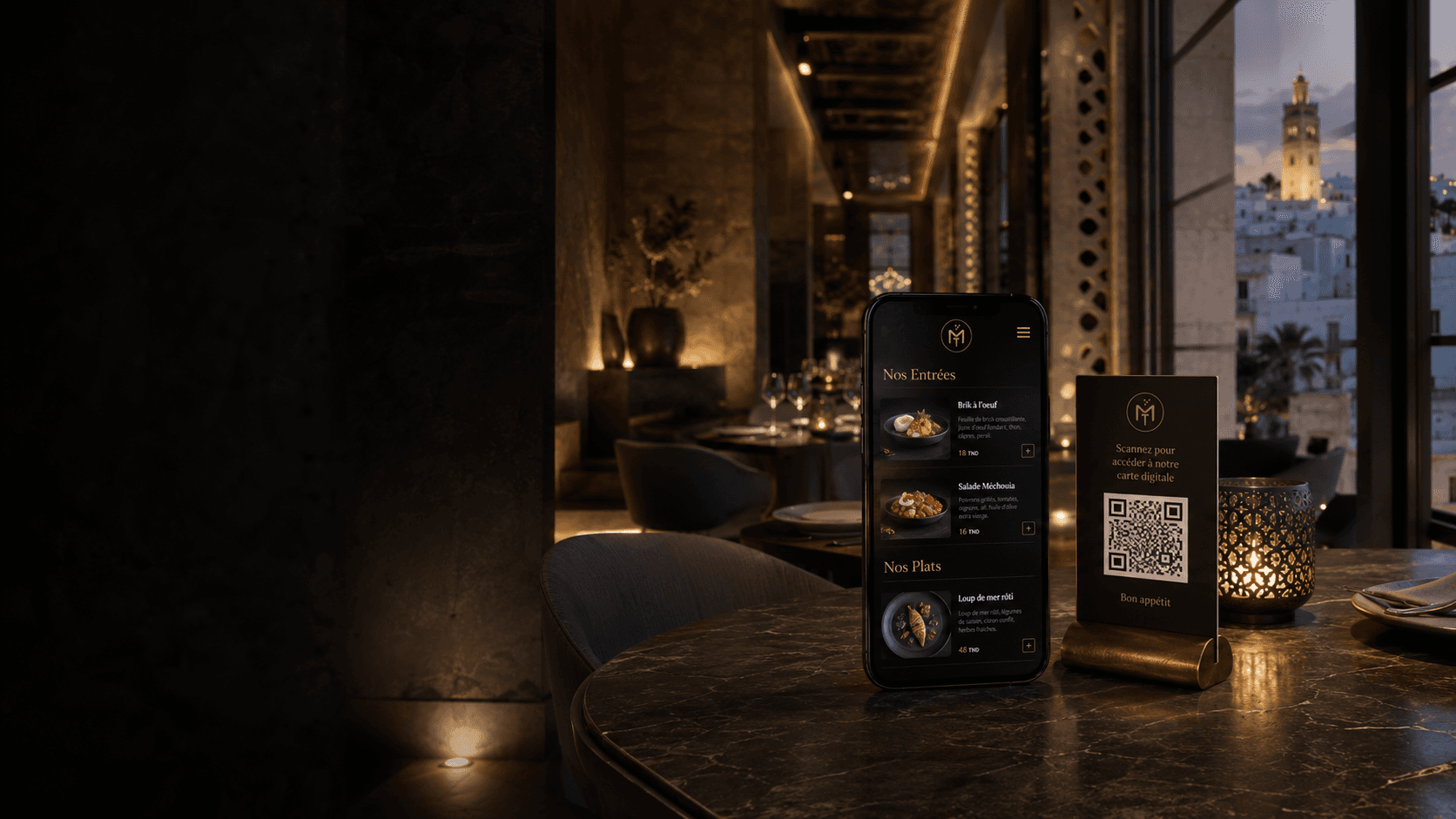 Premium Tunisian restaurant at golden hour, MenuTn menu open on a smartphone